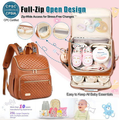 PU Leather Diaper Backpack with Changing Pad, Insulated Pockets and Stroller Straps