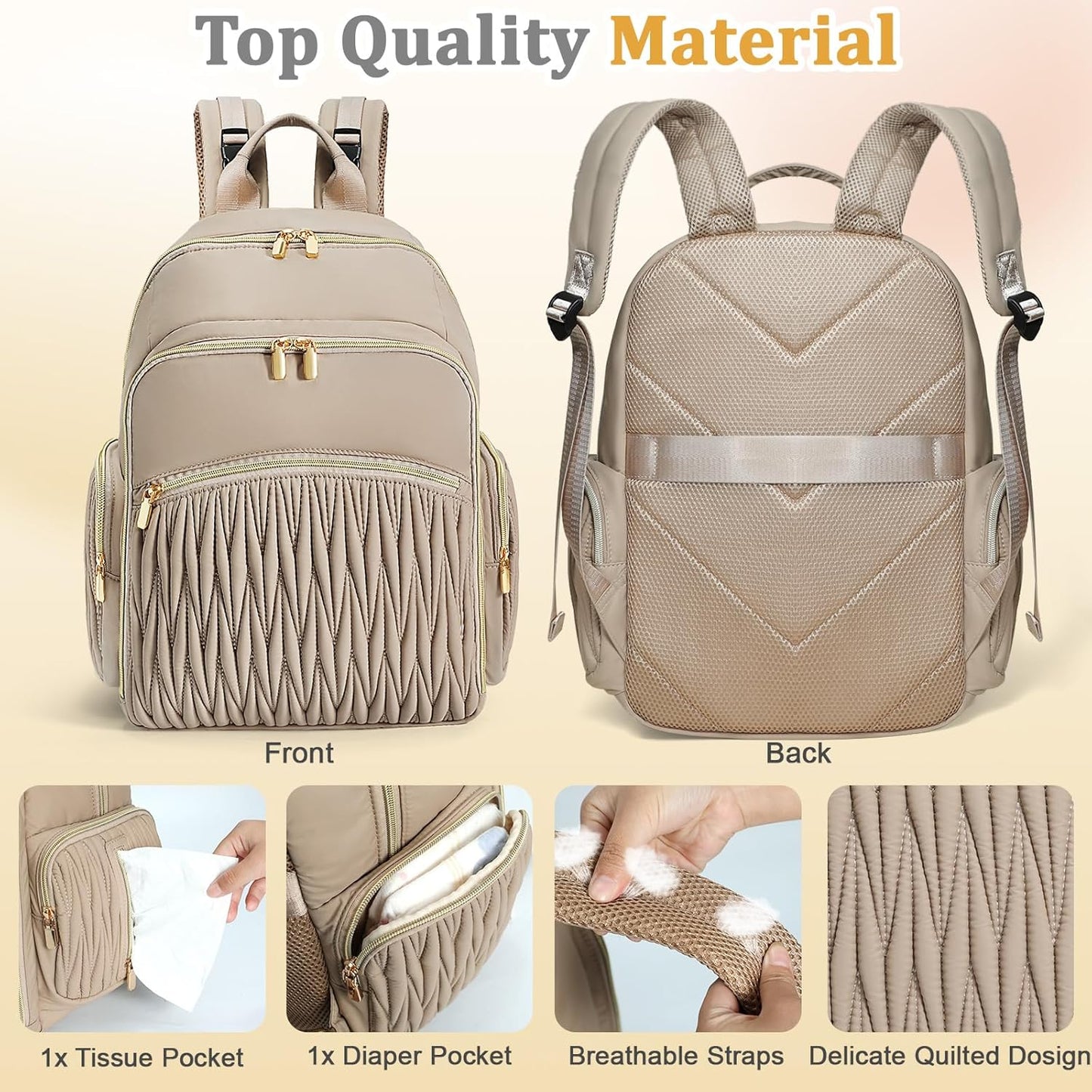 Quilted Diaper Bag Backpack with Changing Pad ，Mommy Backpack for Baby Shower Gifts