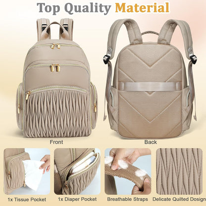 Quilted Diaper Bag Backpack with Changing Pad ，Mommy Backpack for Baby Shower Gifts