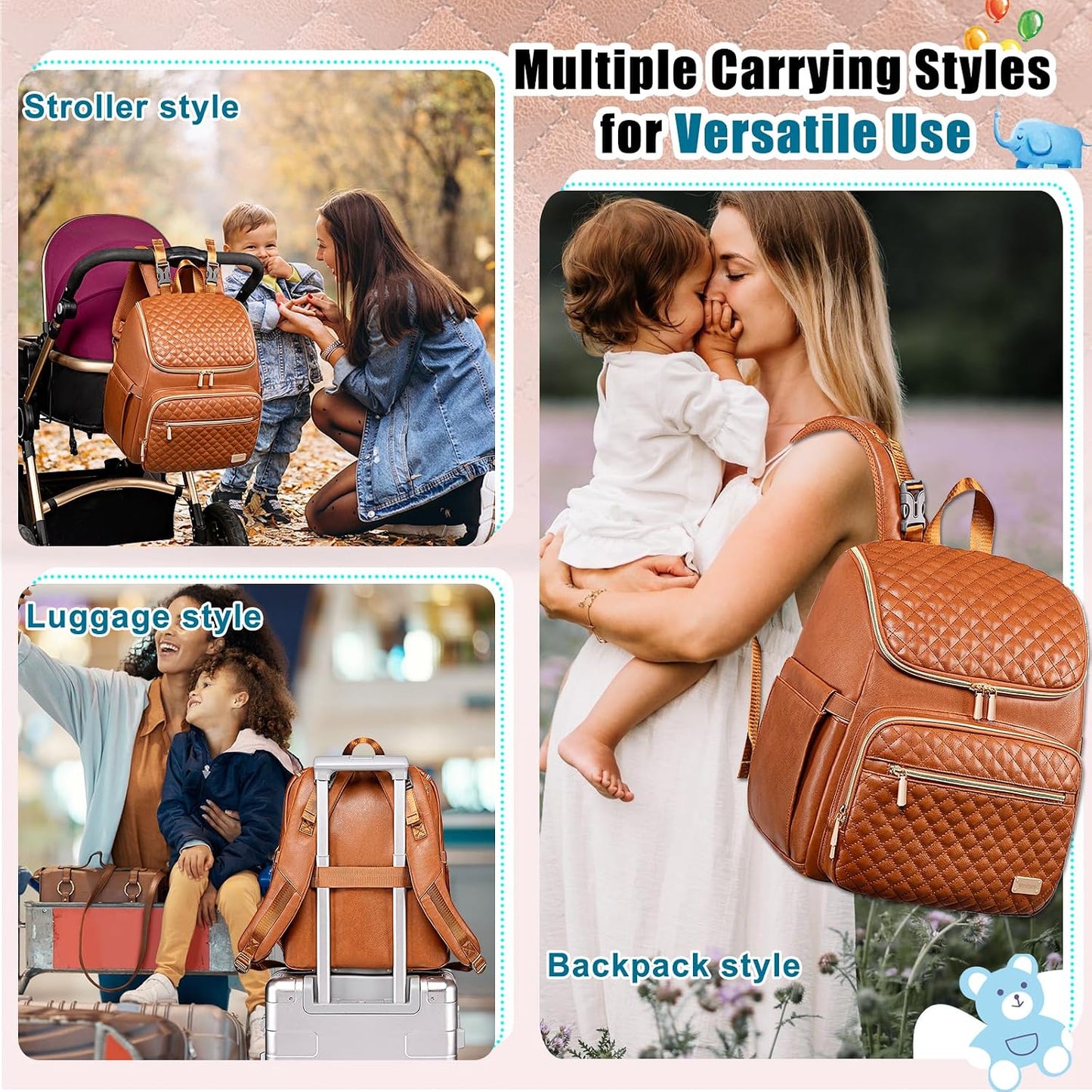 PU Leather Diaper Backpack with Changing Pad, Insulated Pockets and Stroller Straps