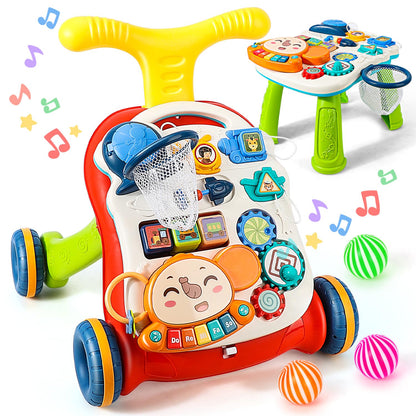 3-in-1 Baby Push Walker, Sit-to-Stand Activity Center with Music for Babies 6-12 Months