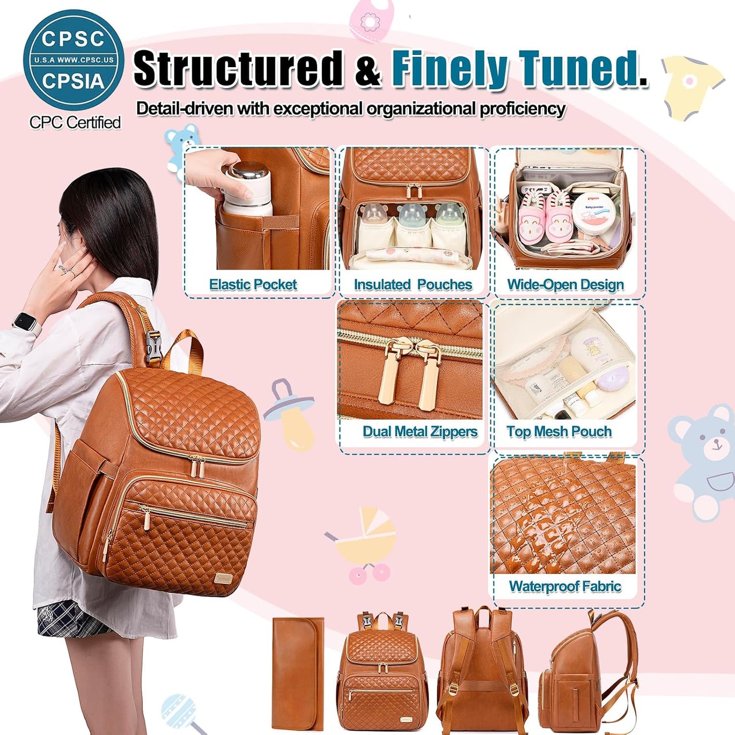 PU Leather Diaper Backpack with Changing Pad, Insulated Pockets and Stroller Straps
