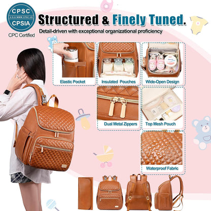 PU Leather Diaper Backpack with Changing Pad, Insulated Pockets and Stroller Straps