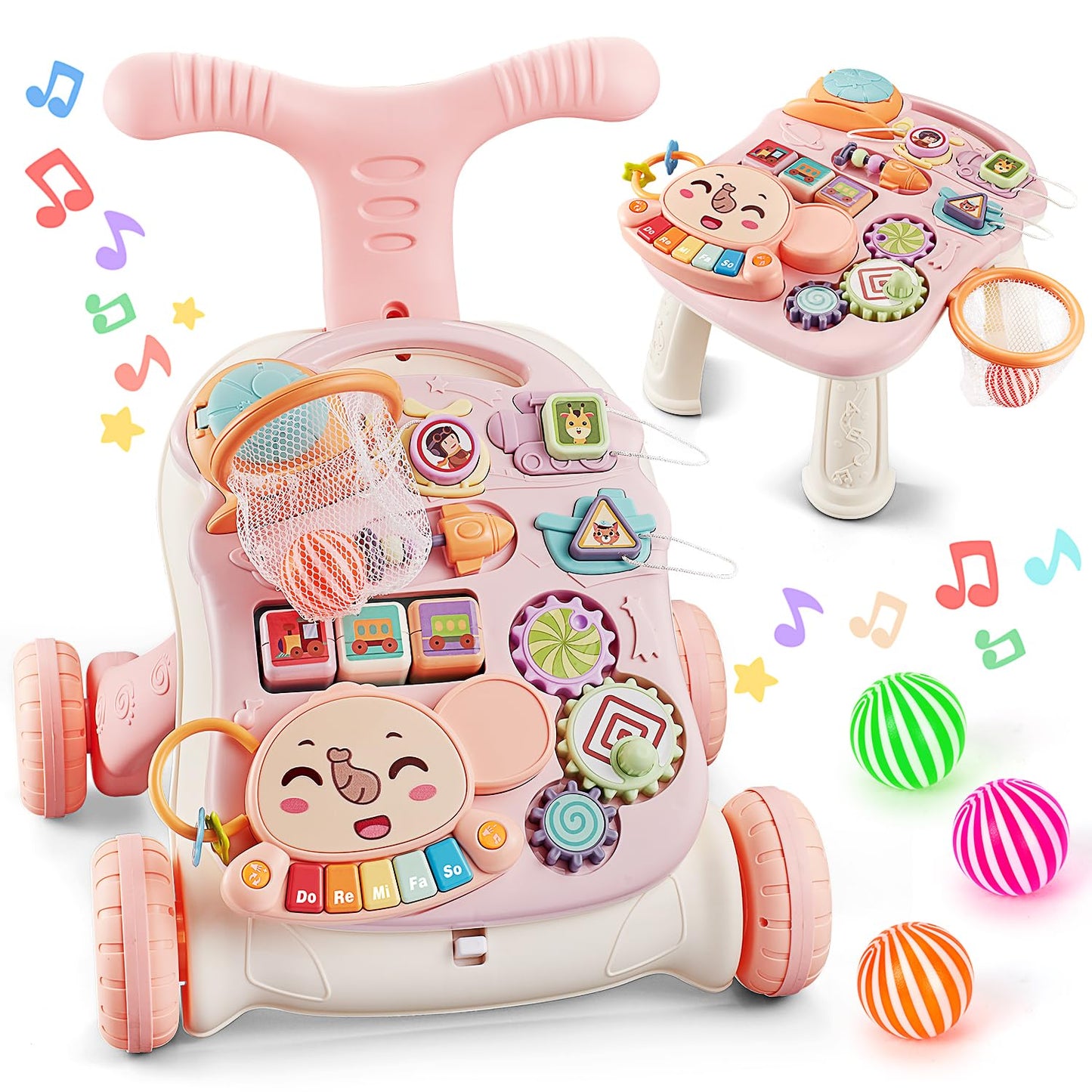 3-in-1 Baby Push Walker, Sit-to-Stand Activity Center with Music for Babies 6-12 Months