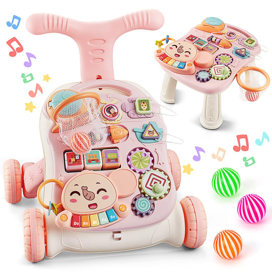3-in-1 Baby Push Walker, Sit-to-Stand Activity Center with Music for Babies 6-12 Months