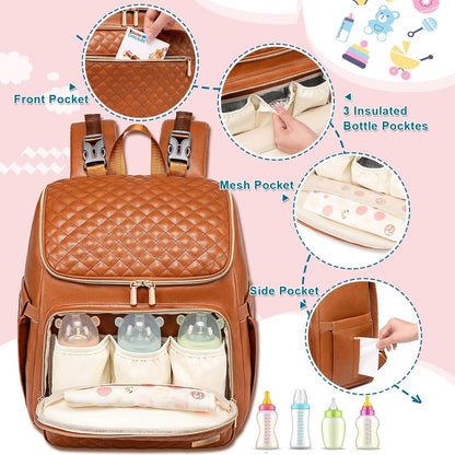 PU Leather Diaper Backpack with Changing Pad, Insulated Pockets and Stroller Straps
