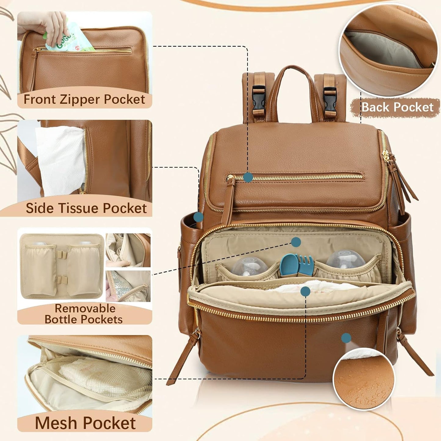 Diaper Bag Backpack Large Baby Diaper Bag Leather with 17 Diaper Bag Organizing Pouches,Changing Pad,Stroller Straps,4 Insulated Pockets