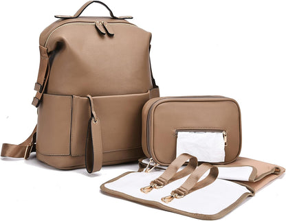 Diaper Bag Backpack Leather Backpack with Changing Pad Stroller Straps