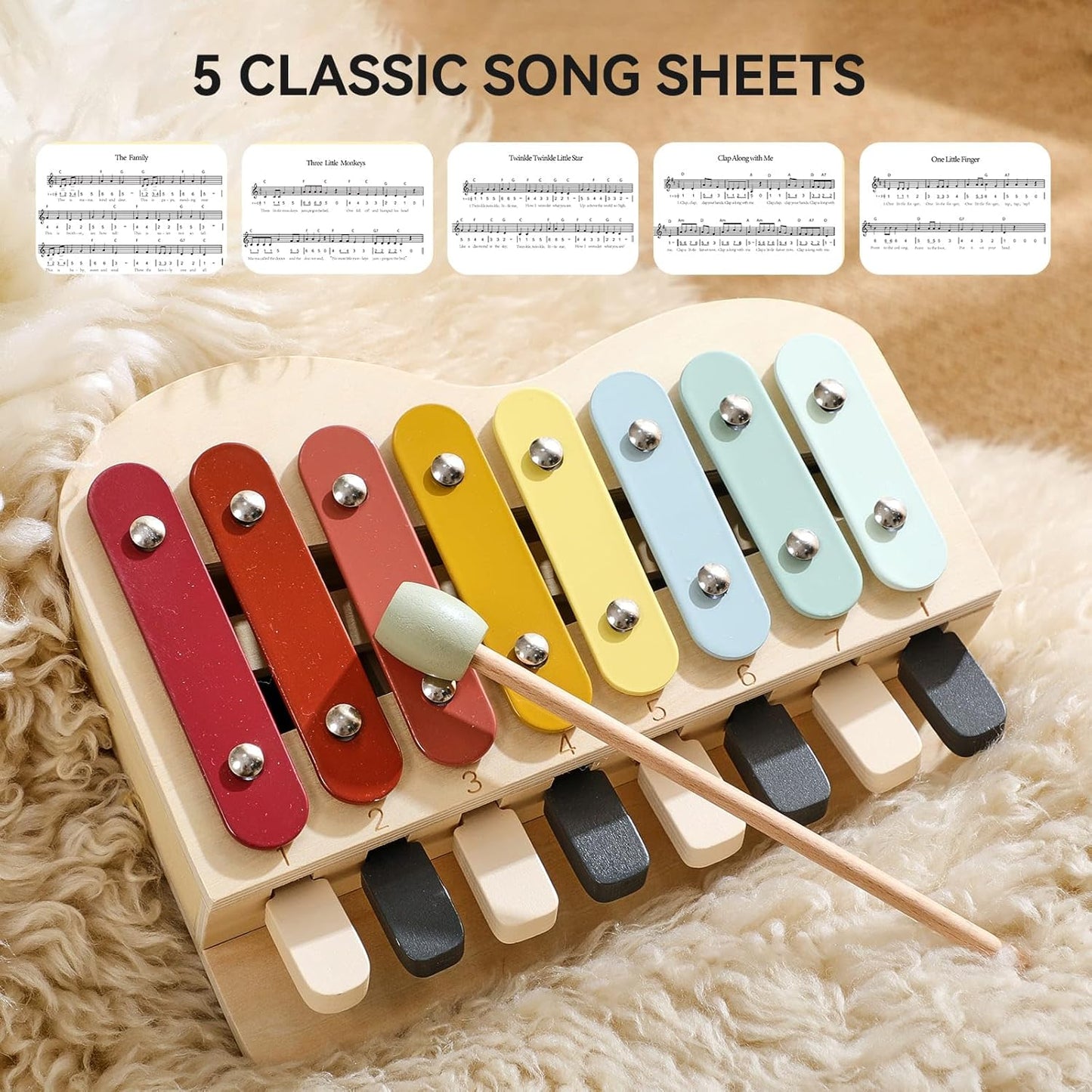 2-in-1 Wooden Piano Xylophone for Toddlers, Montessori Musical Learning Toy with Song Sheets