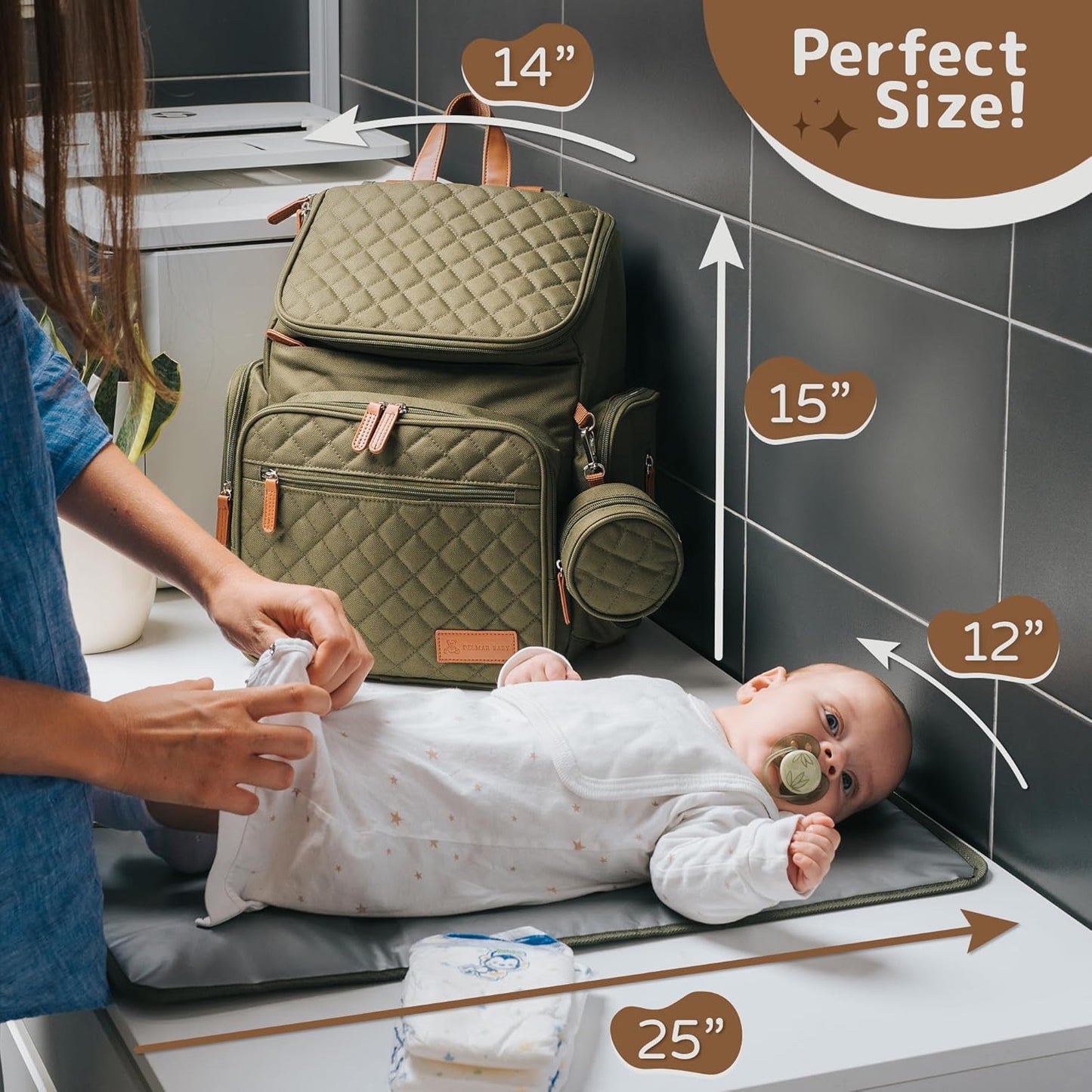 Large Diaper Bag Backpack for Mom Dad, 15-Pocket Unisex Baby Travel Bag with Changing Pad & Stroller Straps, Machine Washable, Army Green