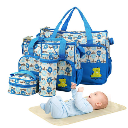 5-in-1 Diaper Bag Tote Set for Baby Essentials – Large Waterproof Maternity Bags for Mom with Insulated Bottle Bag, Food Bag & Changing Pad