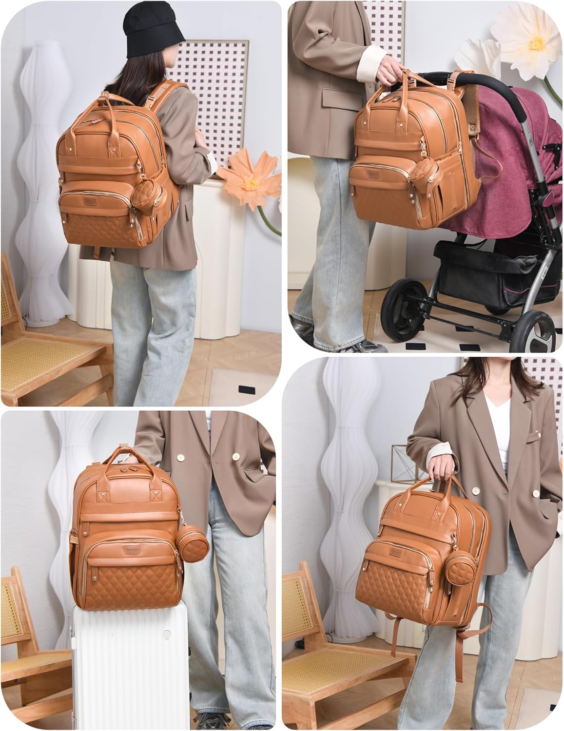 Large Diaper Bag Backpack，Waterproof Leather Diaper Bags Baby with Changing Station