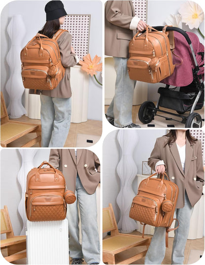 Large Diaper Bag Backpack，Waterproof Leather Diaper Bags Baby with Changing Station