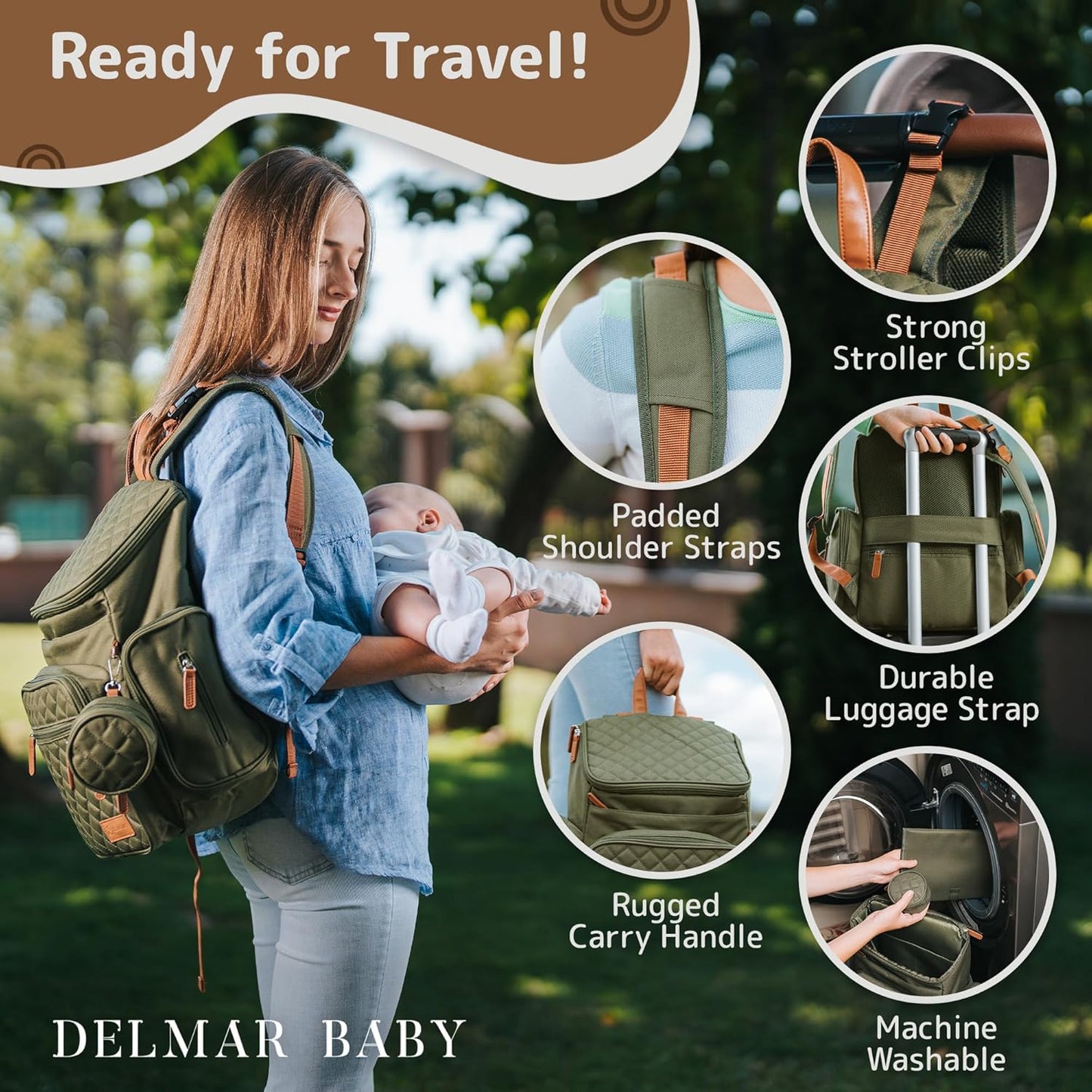 Large Diaper Bag Backpack for Mom Dad, 15-Pocket Unisex Baby Travel Bag with Changing Pad & Stroller Straps, Machine Washable, Army Green