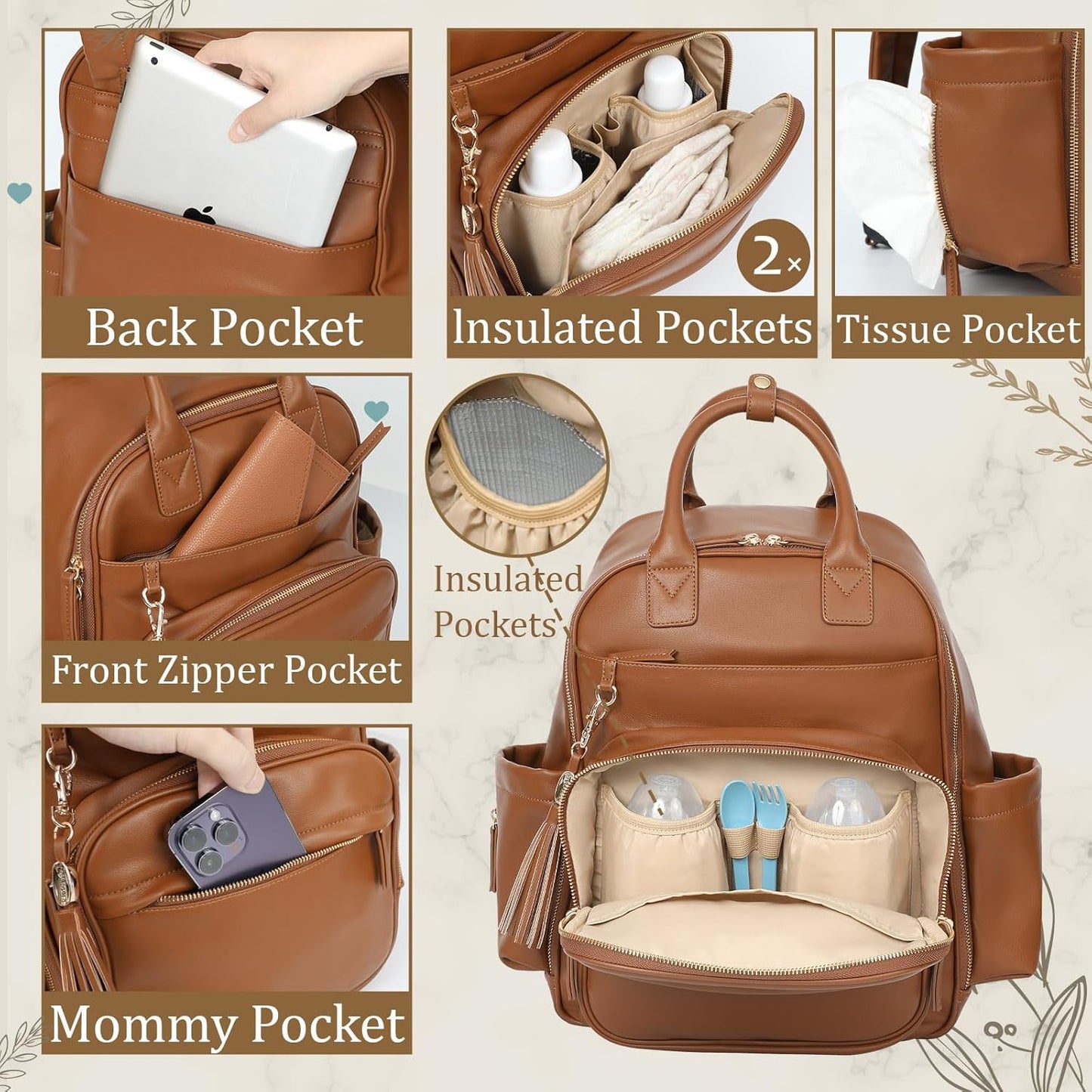 Diaper Bag Backpack, Large Travel Leather Diaper Backpack