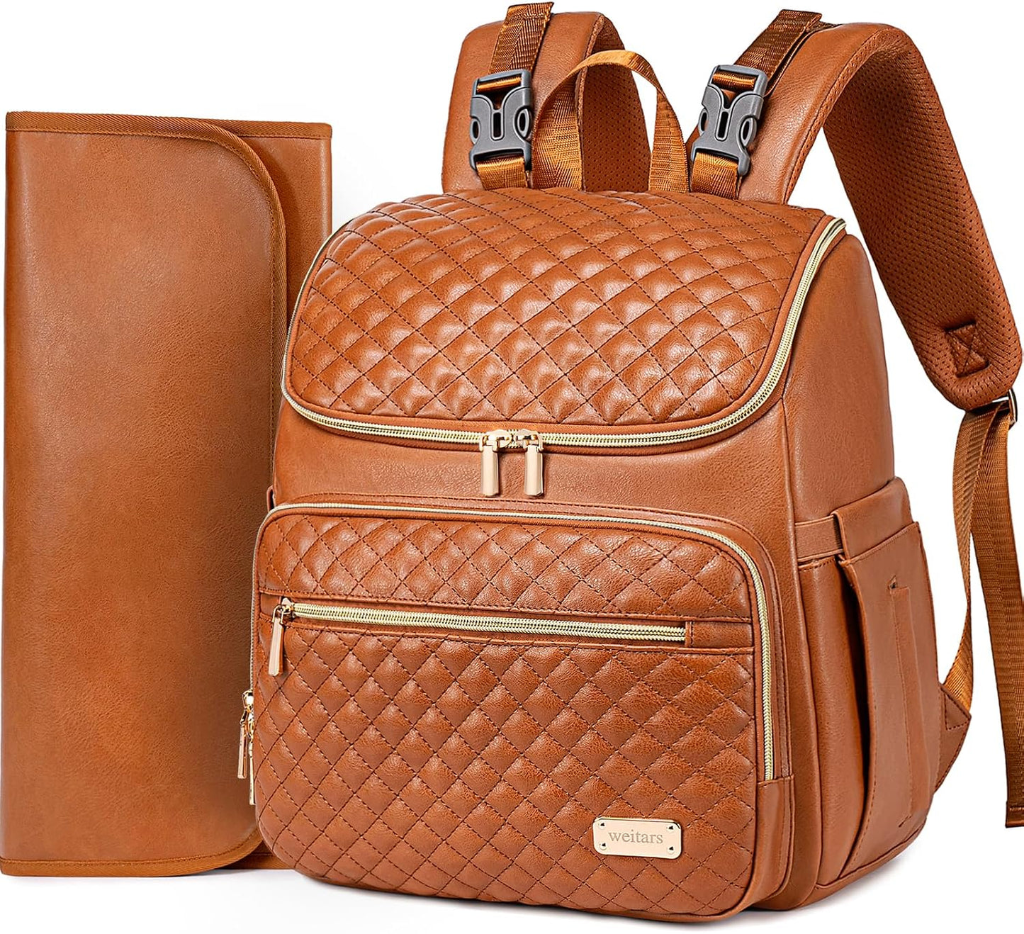 PU Leather Diaper Backpack with Changing Pad, Insulated Pockets and Stroller Straps