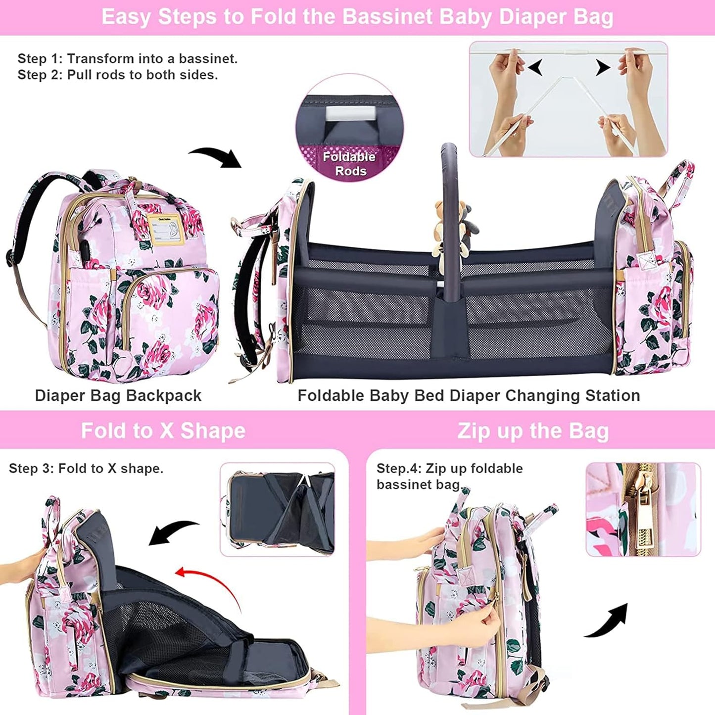 Diaper Bag Backpack with Changing Station, Foldable for Bady Toddler, 3 in 1 Large Capacity Newborn Essentials Organizer with Stroller Hook