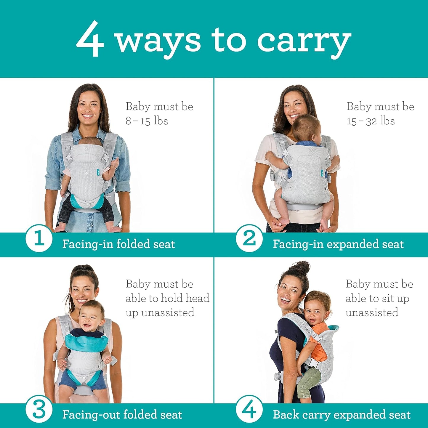 4-in-1 Convertible Baby Carrier - Ergonomic Infant to Toddler Carrier (7-45 lbs) Adjustable & Registry Essential,Light Gray