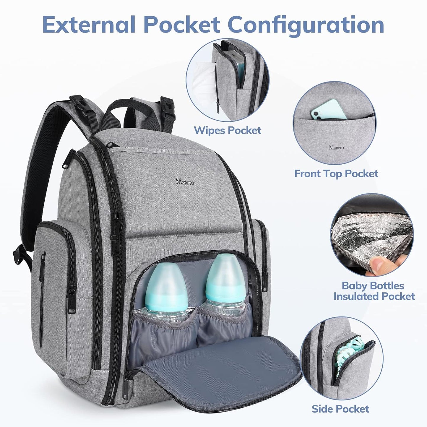 Diaper Bag Backpack, Large Multifunction Waterproof Travel Baby Changing Bag for Dad Mom with 4 Insulated Pockets and Stroller Straps