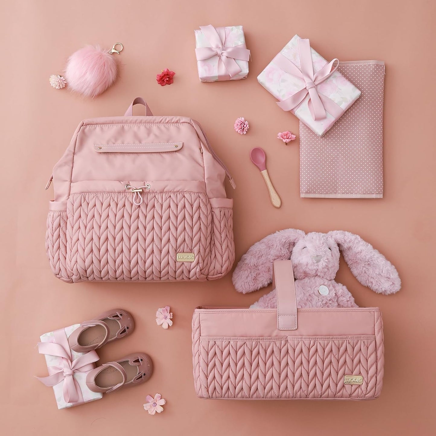 Lightweight Diaper Bag Backpack with Changing Pad – Large Opening Travel Nursery Bag for Mom, Stroller Clips & Faux Fur Pendant