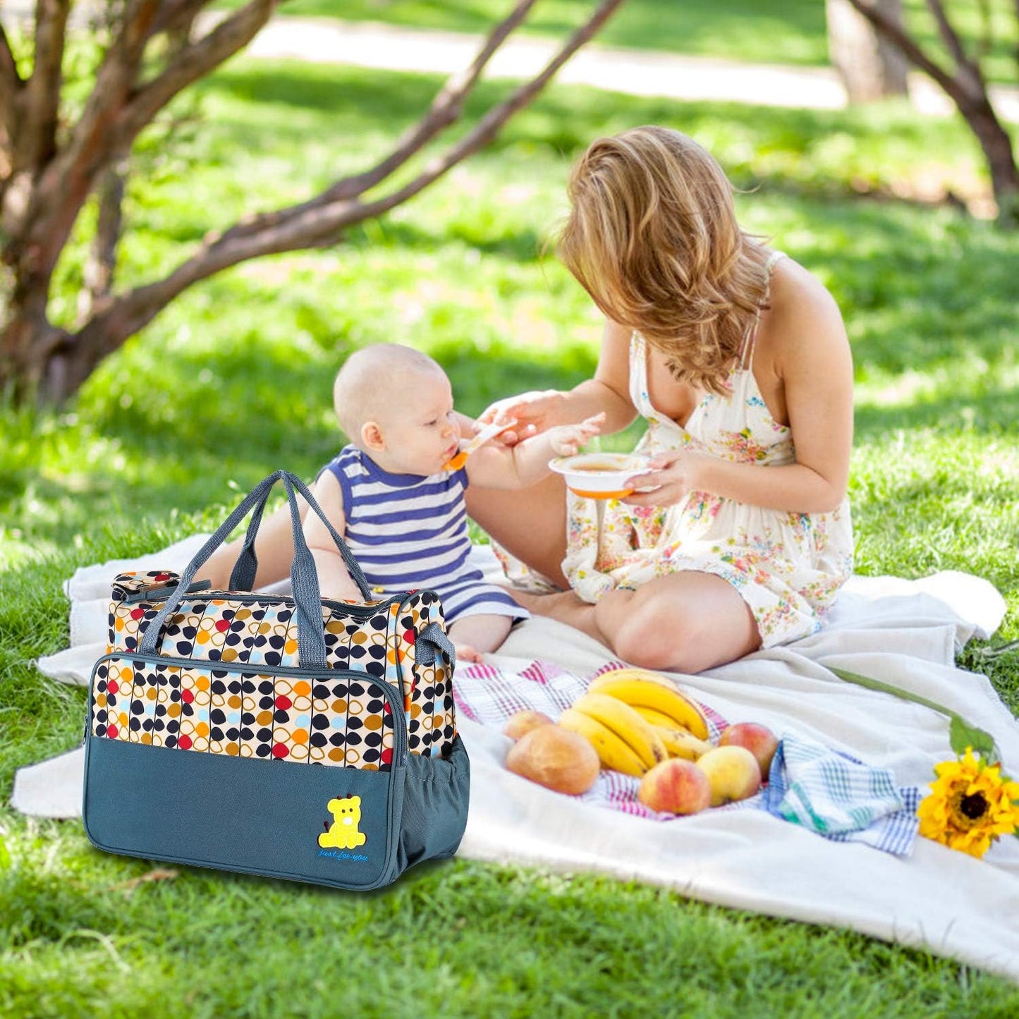 5-in-1 Diaper Bag Tote Set for Baby Essentials – Large Waterproof Maternity Bags for Mom with Insulated Bottle Bag, Food Bag & Changing Pad
