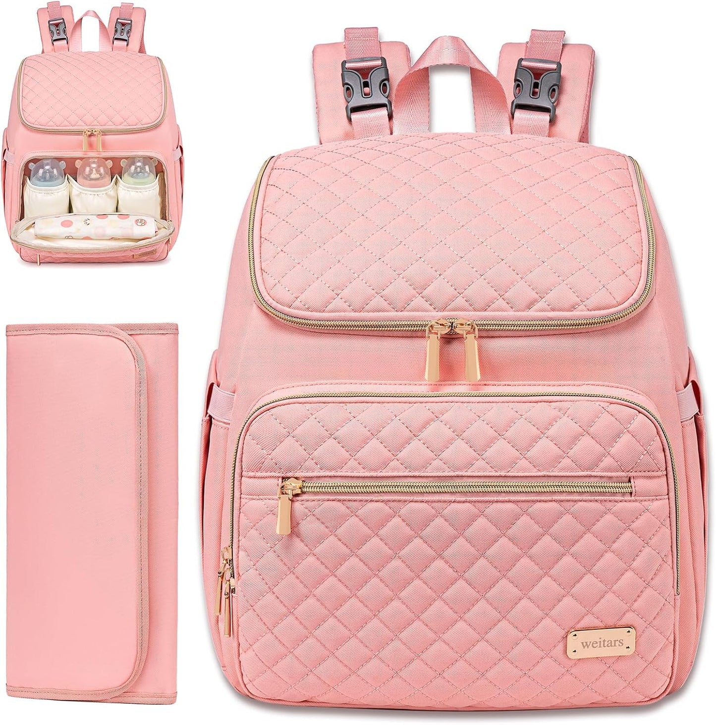 PU Leather Diaper Backpack with Changing Pad, Insulated Pockets and Stroller Straps