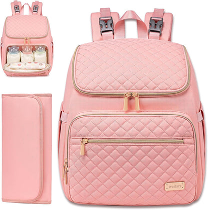 PU Leather Diaper Backpack with Changing Pad, Insulated Pockets and Stroller Straps