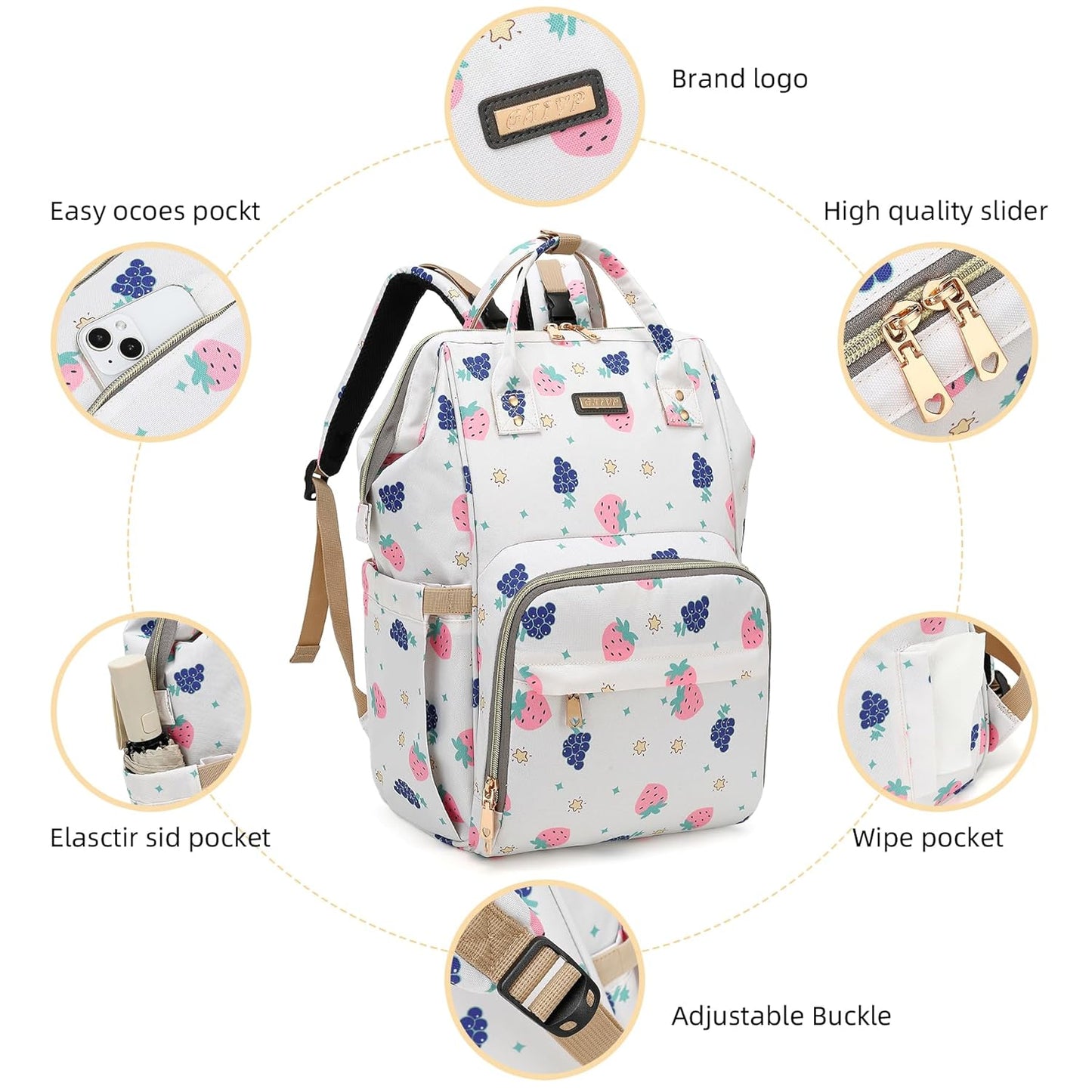 Diaper Bag Backpack, Nappy Changing Bag with Insulated Pockets, Multi-functional Waterproof Backpack with Stroller straps