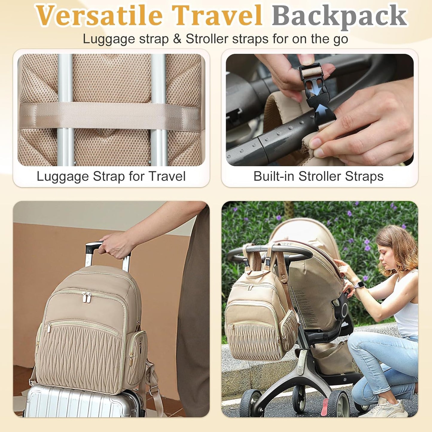 Quilted Diaper Bag Backpack with Changing Pad ，Mommy Backpack for Baby Shower Gifts