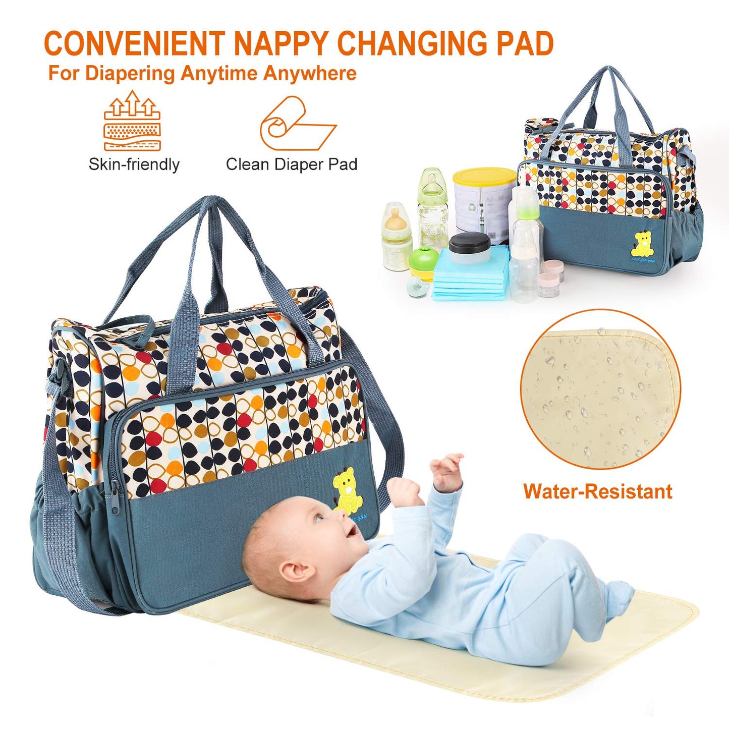 5-in-1 Diaper Bag Tote Set for Baby Essentials – Large Waterproof Maternity Bags for Mom with Insulated Bottle Bag, Food Bag & Changing Pad