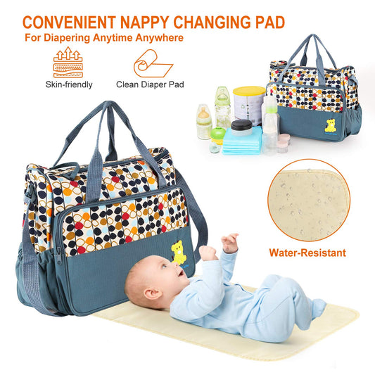 5-in-1 Diaper Bag Tote Set for Baby Essentials – Large Waterproof Maternity Bags for Mom with Insulated Bottle Bag, Food Bag & Changing Pad