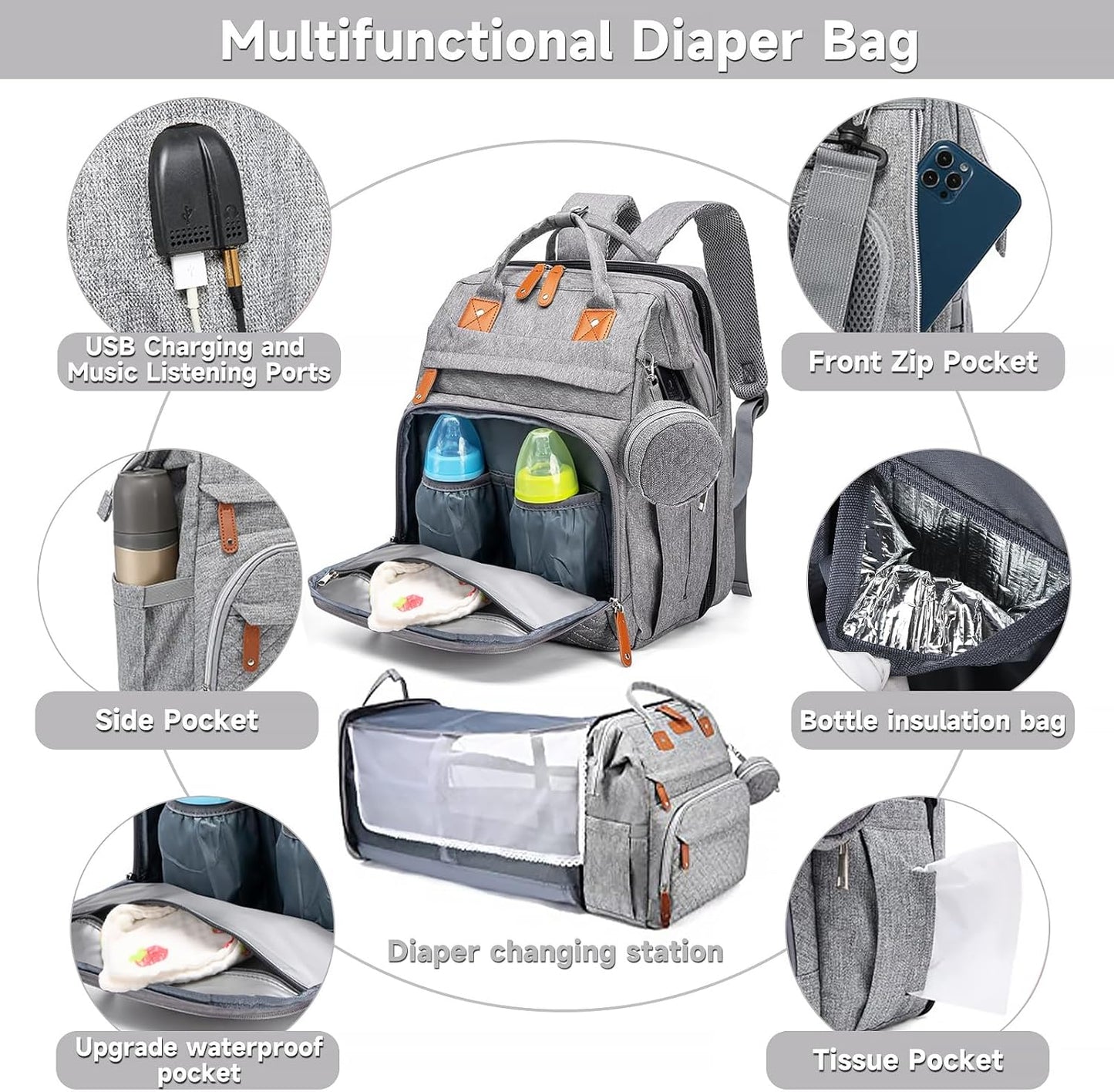 Baby Diaper Bags with Changing Station, Large Capacity Diaper Bag Backpack for Moms Dads with USB Charging Port,Travel Baby Bag with Pacifier Case & Stroller Straps