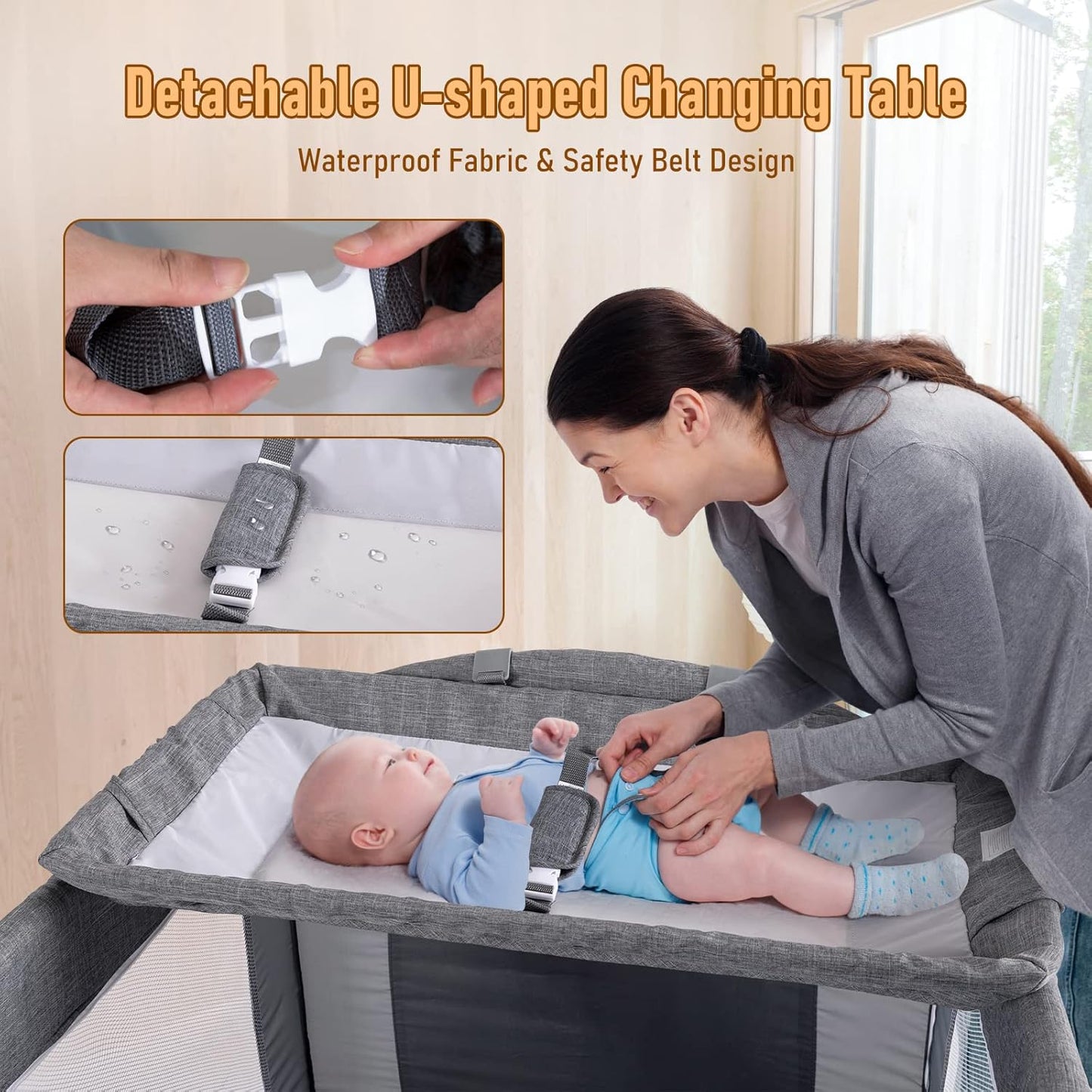 Baby Bassinet Beside Sleeper, Pack and Play with Bassinet and Changing Table Portable Travel Baby Playpen with Toys & Music Box, Mattress for Boy Girl Infant Newborn