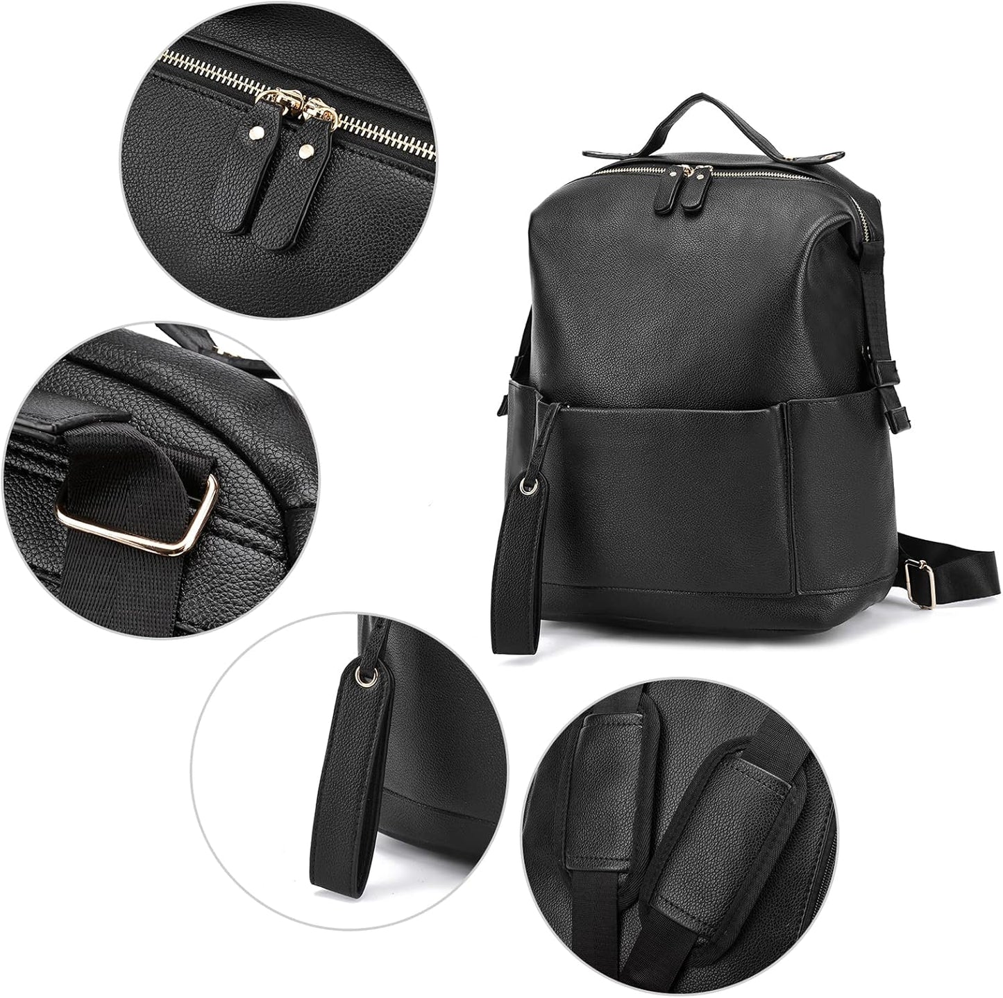 Diaper Bag Backpack Leather Backpack with Changing Pad Stroller Straps