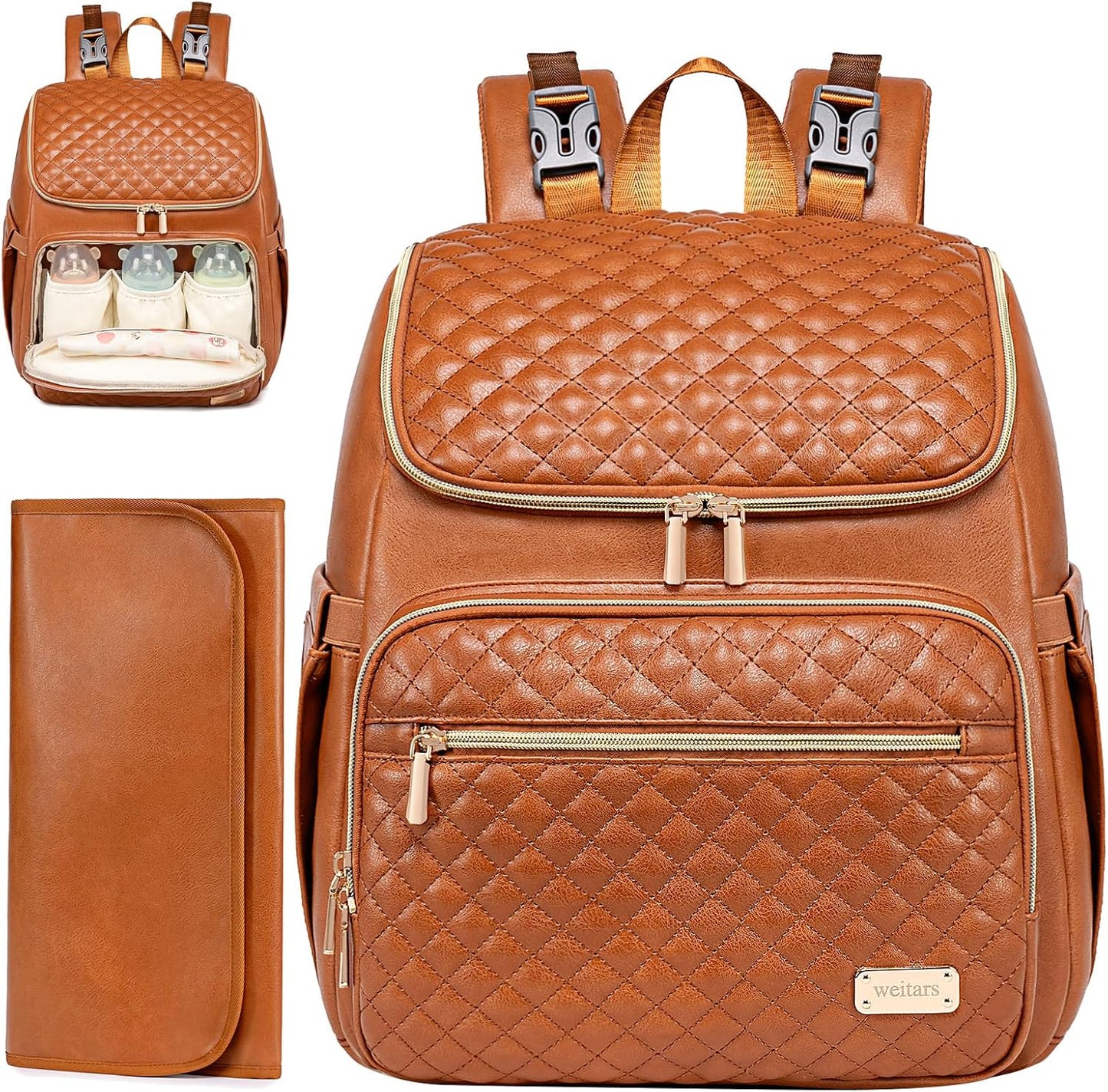 PU Leather Diaper Backpack with Changing Pad, Insulated Pockets and Stroller Straps