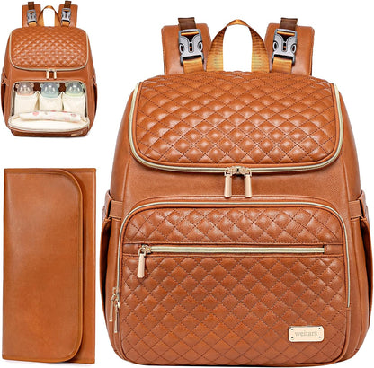 PU Leather Diaper Backpack with Changing Pad, Insulated Pockets and Stroller Straps