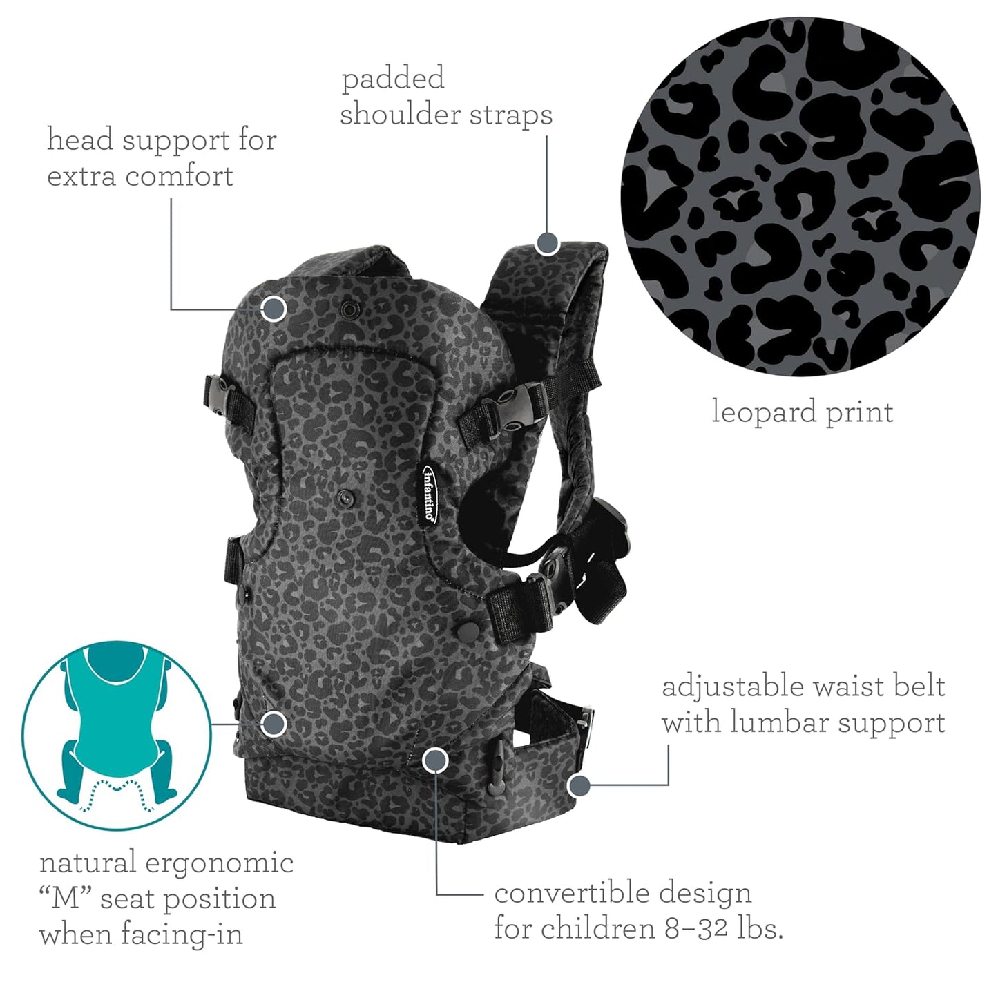 4-in-1 Convertible Baby Carrier - Ergonomic Infant to Toddler Carrier (7-45 lbs) Adjustable & Registry Essential,Black & Grey Leopard