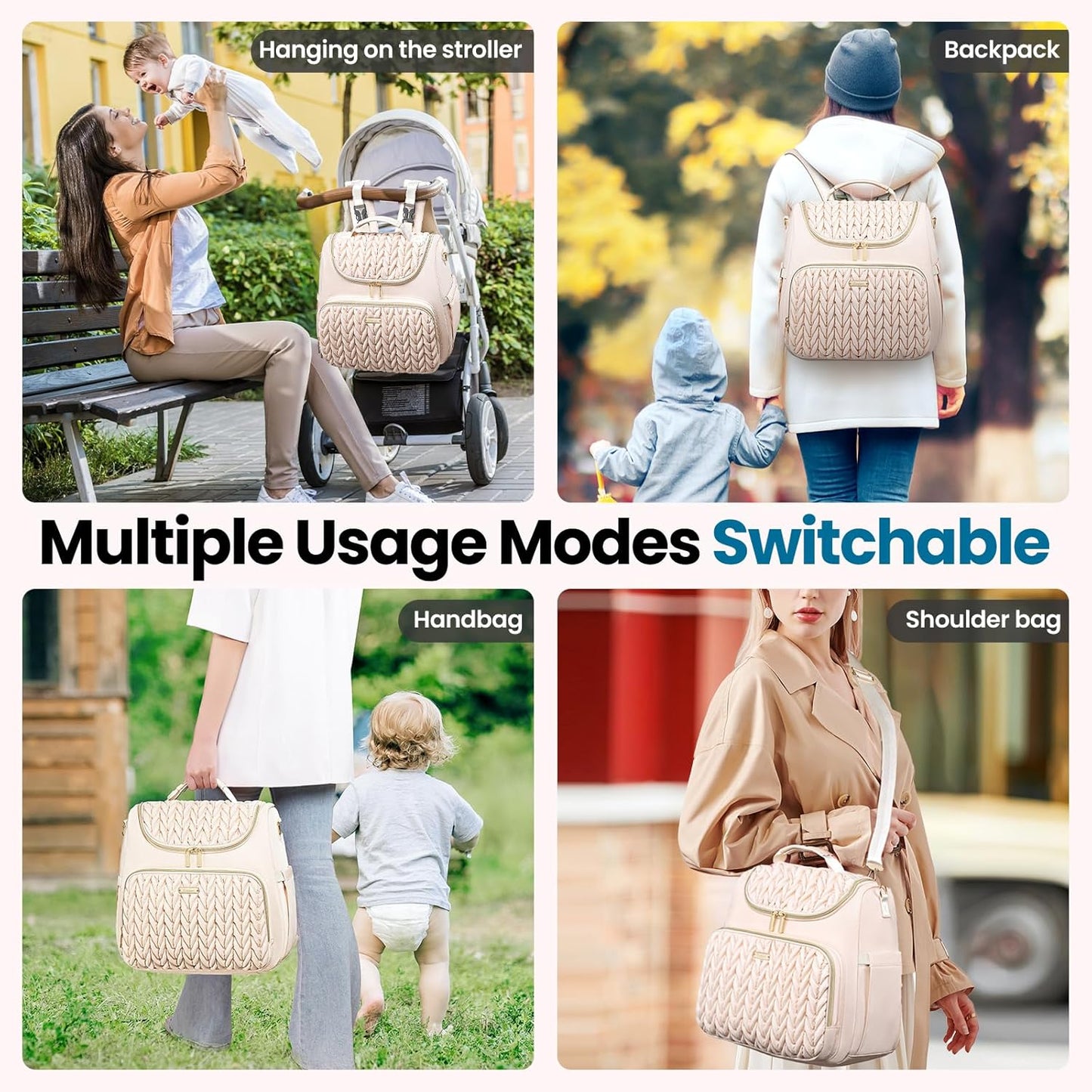 4 in 1 Convertible Diaper Bag Backpack,Waterproof Baby Diaper Bag with Changing Pad