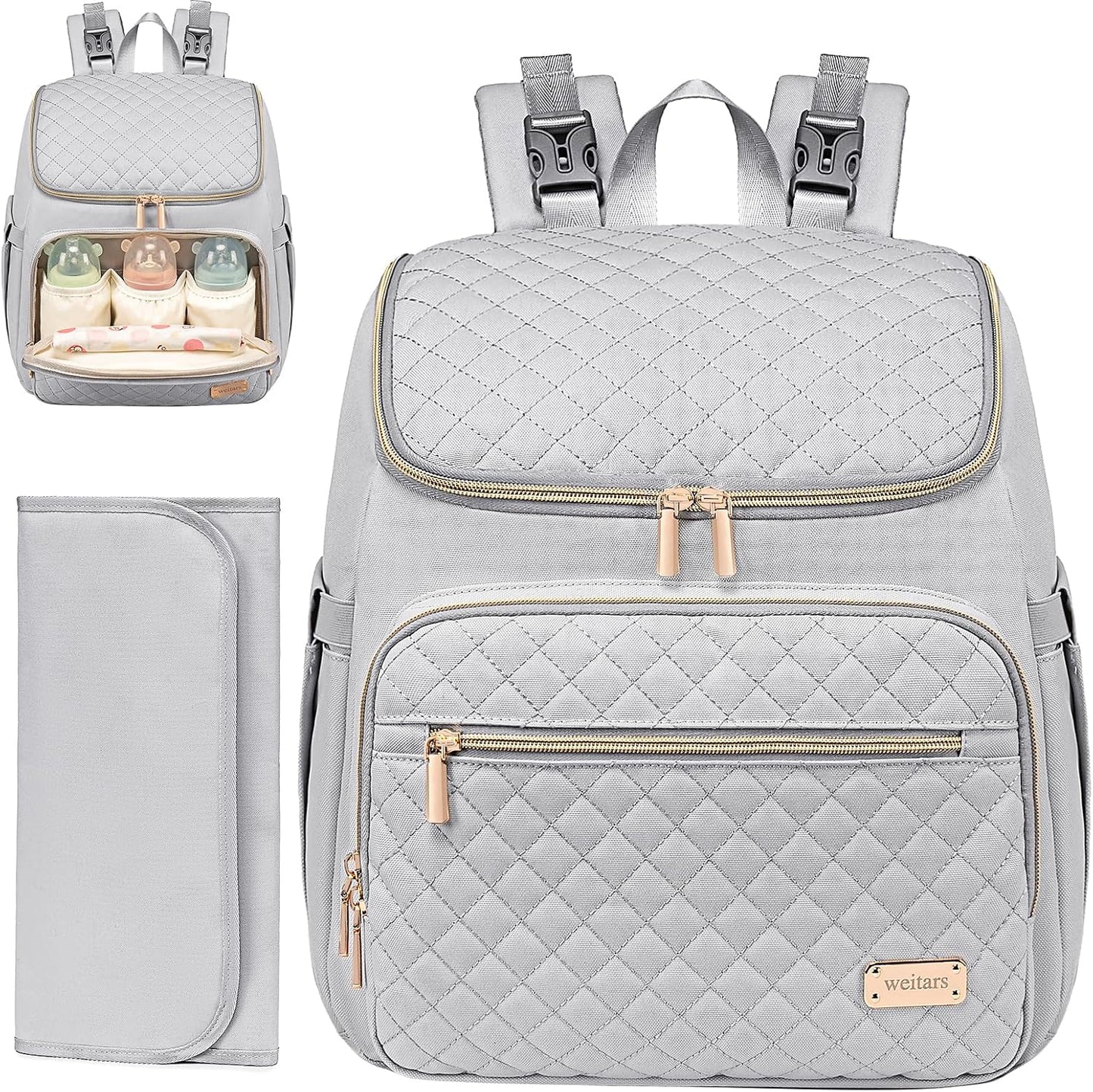 PU Leather Diaper Backpack with Changing Pad, Insulated Pockets and Stroller Straps