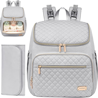 PU Leather Diaper Backpack with Changing Pad, Insulated Pockets and Stroller Straps