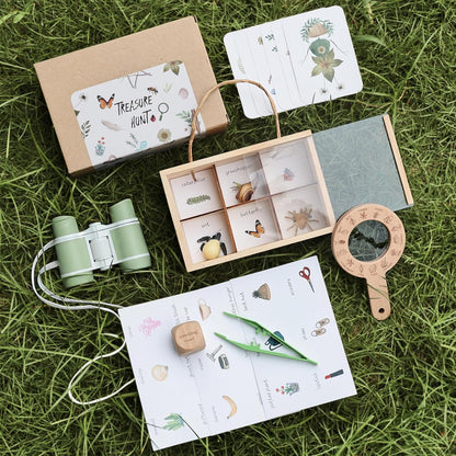 Kids Nature Explorer Kit – Outdoor Treasure Hunt Set with Binoculars, Magnifying Glass, Wooden Collection Box & Mission Cards