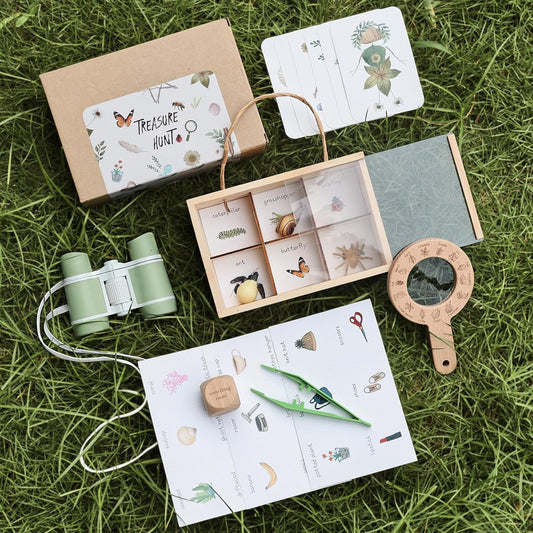 Kids Nature Explorer Kit – Outdoor Treasure Hunt Set with Binoculars, Magnifying Glass, Wooden Collection Box & Mission Cards