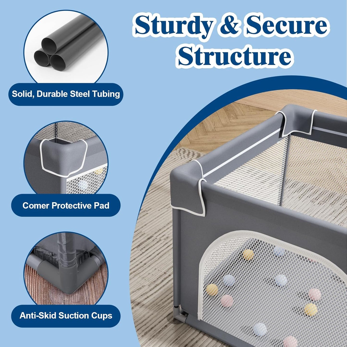 Baby Playpen Baby Playard, Playpen for Babies and Toddlers with Gate, Sturdy Safety Playpen, Indoor & Outdoor Kids