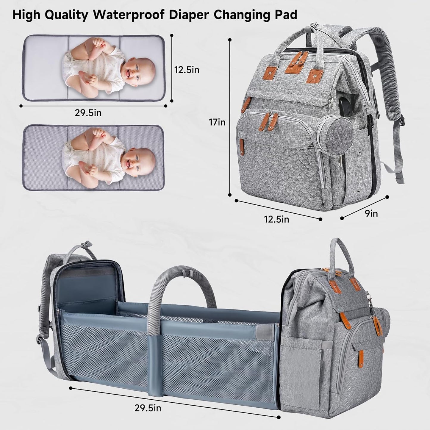 Baby Diaper Bags with Changing Station, Large Capacity Diaper Bag Backpack for Moms Dads with USB Charging Port,Travel Baby Bag with Pacifier Case & Stroller Straps