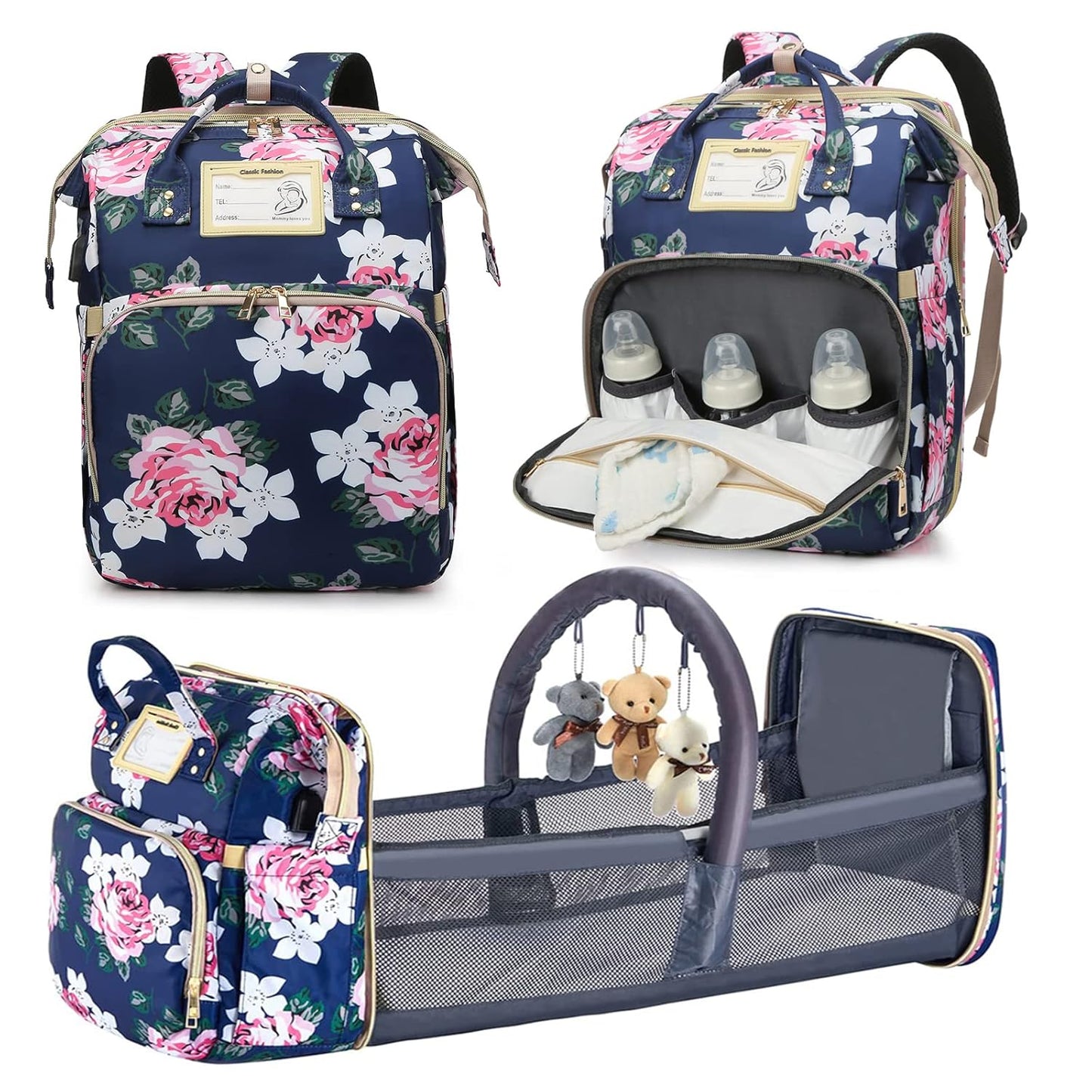 Diaper Bag Backpack with Changing Station, Foldable for Bady Toddler, 3 in 1 Large Capacity Newborn Essentials Organizer with Stroller Hook