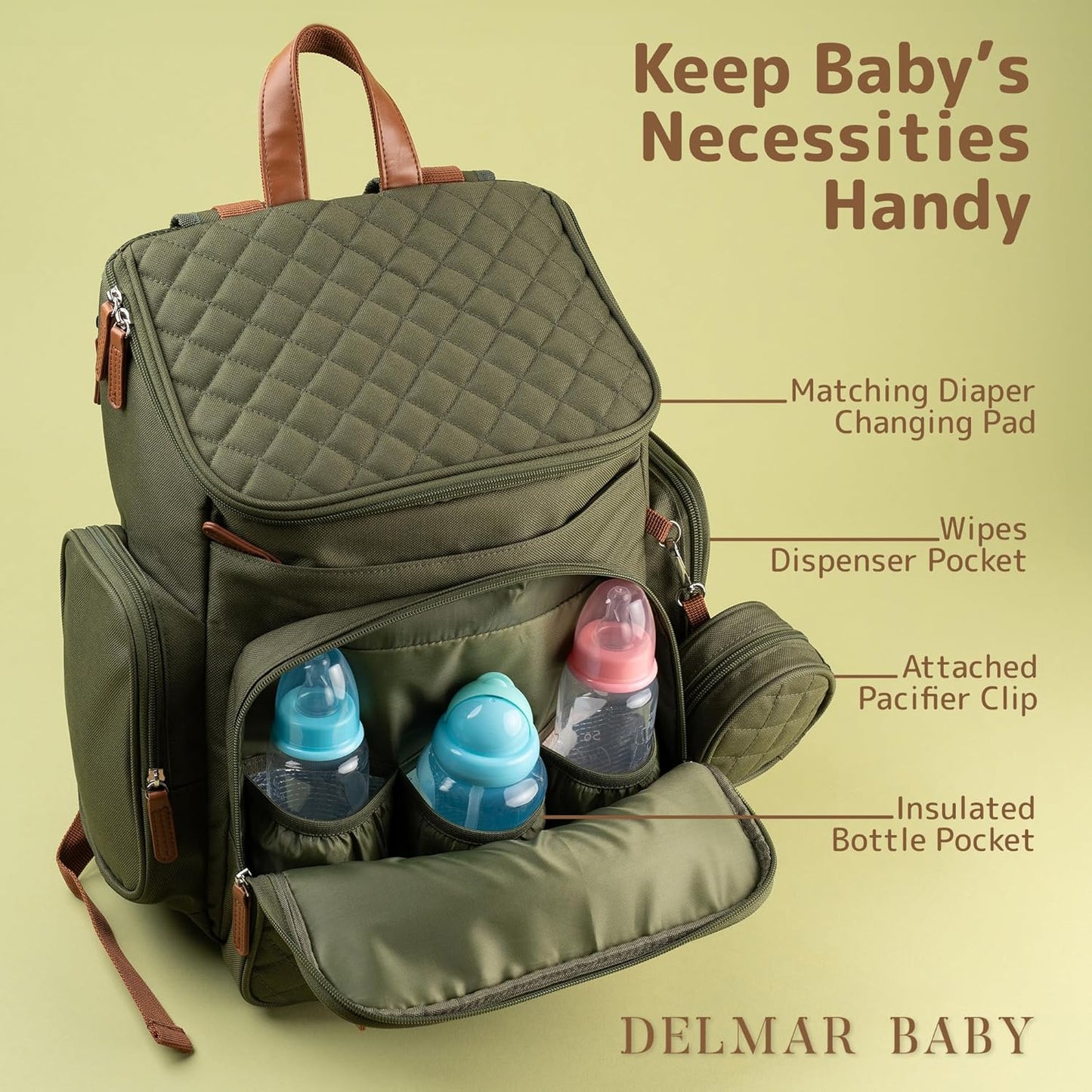 Large Diaper Bag Backpack for Mom Dad, 15-Pocket Unisex Baby Travel Bag with Changing Pad & Stroller Straps, Machine Washable, Army Green