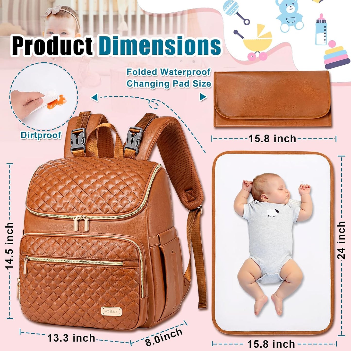 PU Leather Diaper Backpack with Changing Pad, Insulated Pockets and Stroller Straps