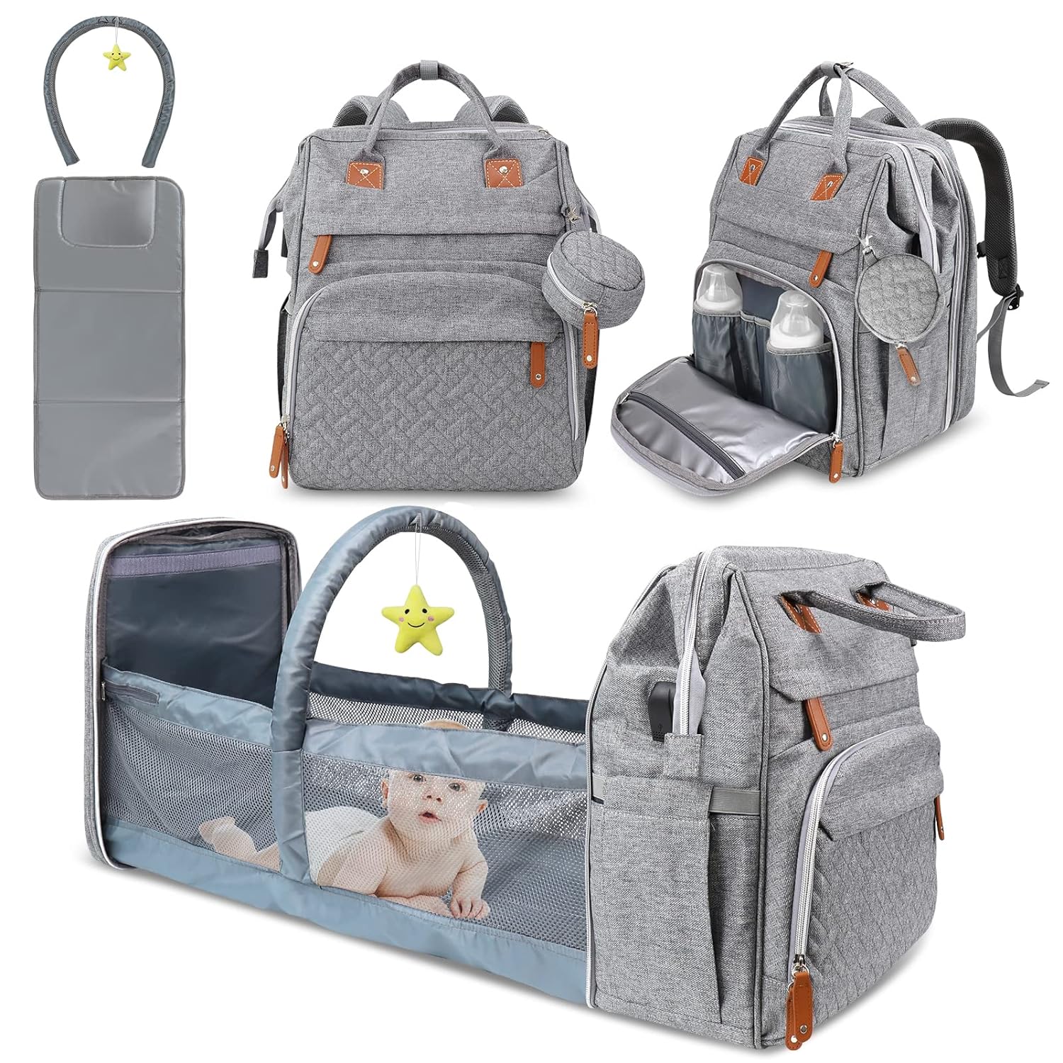 Grey Diaper Bag Backpack with Change Station-Hot Sales