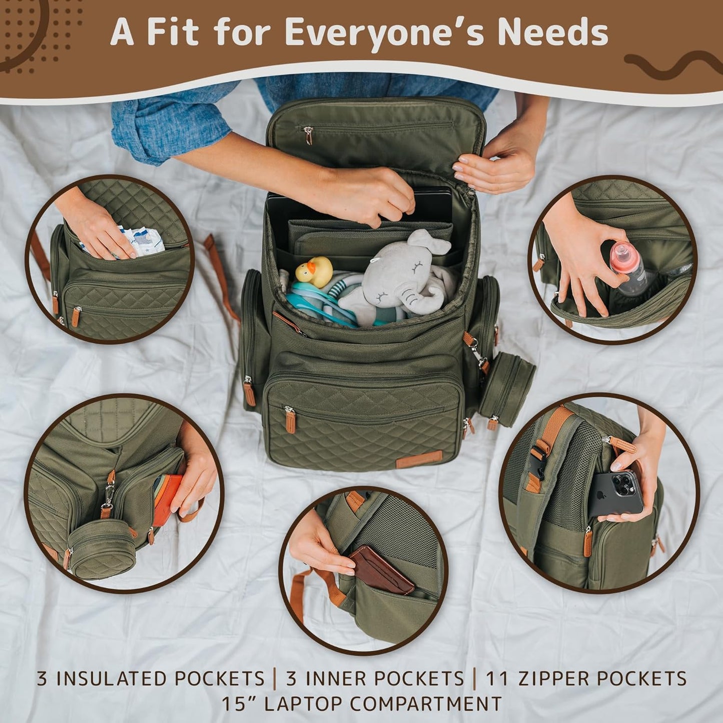 Large Diaper Bag Backpack for Mom Dad, 15-Pocket Unisex Baby Travel Bag with Changing Pad & Stroller Straps, Machine Washable, Army Green