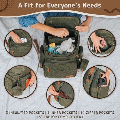 Large Diaper Bag Backpack for Mom Dad, 15-Pocket Unisex Baby Travel Bag with Changing Pad & Stroller Straps, Machine Washable, Army Green